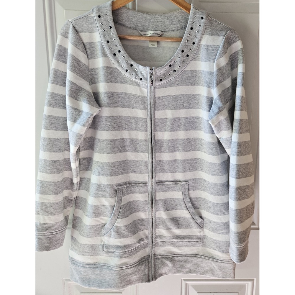 Christopher & Banks Gray White Striped Rhinestone Zip Up Sweatshirt Jacket...